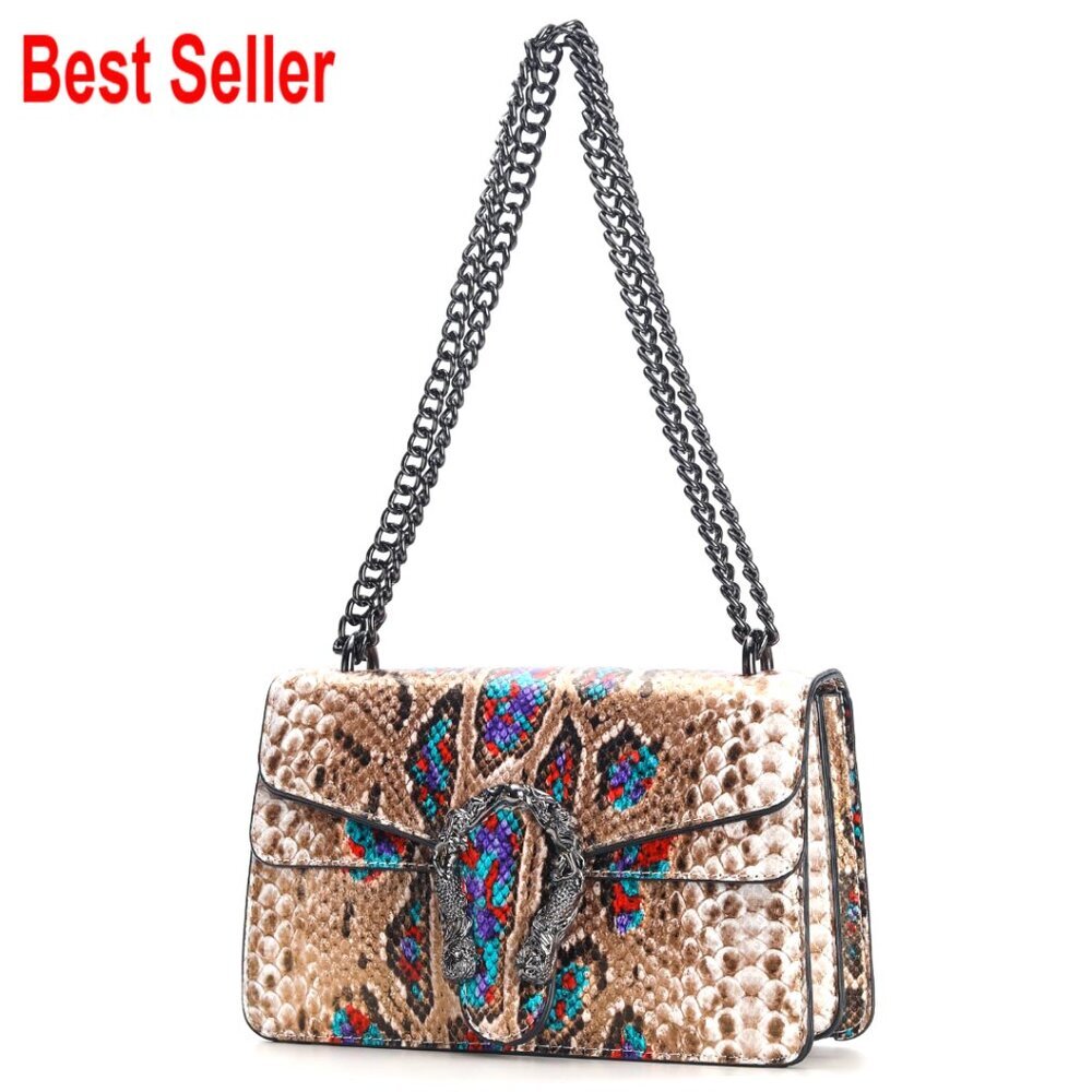 Faux Leather Crossbody Bag with Chain Strap Snake Print Satchel